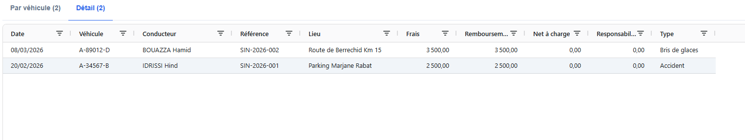 Détail des sinistres