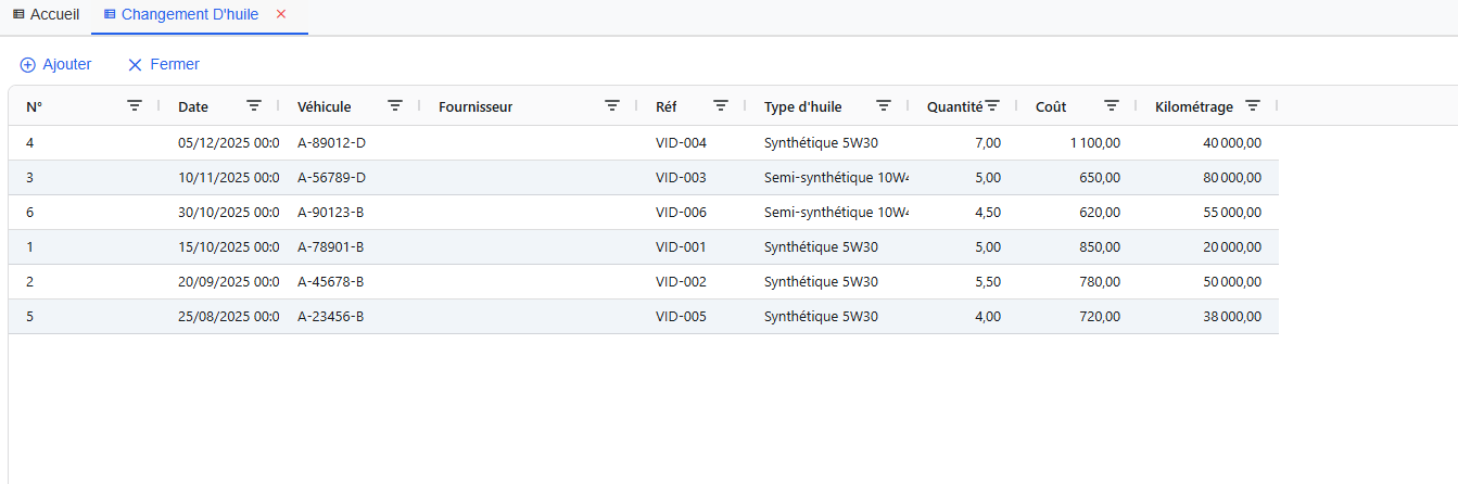 Liste des changements d'huile