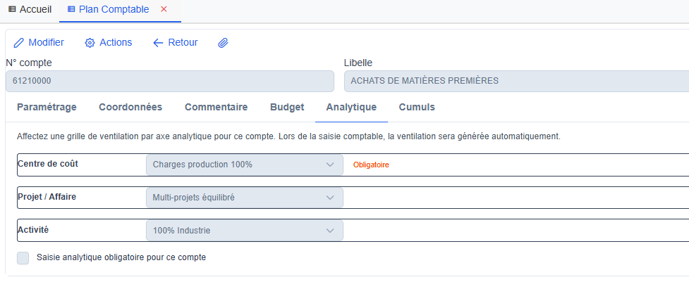 Onglet Analytique dans la fiche compte