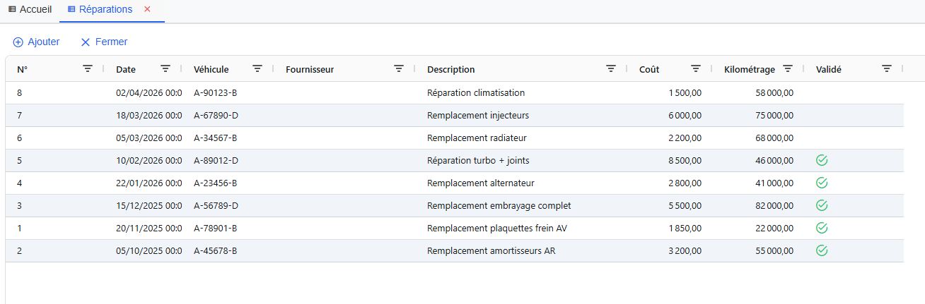 Liste des réparations