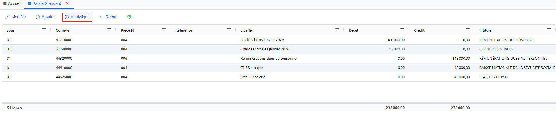Bouton Analytique dans la saisie