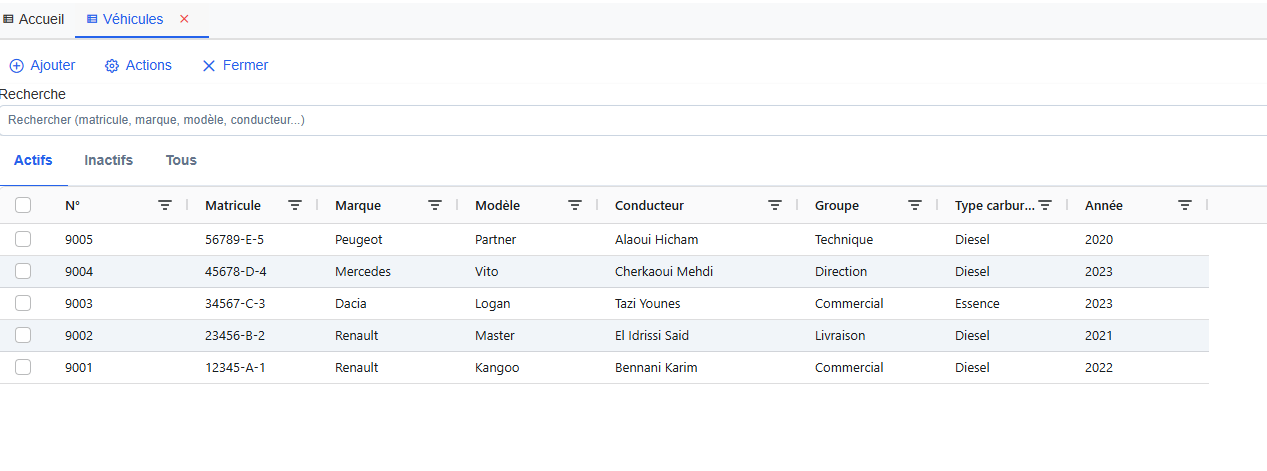 Liste des véhicules
