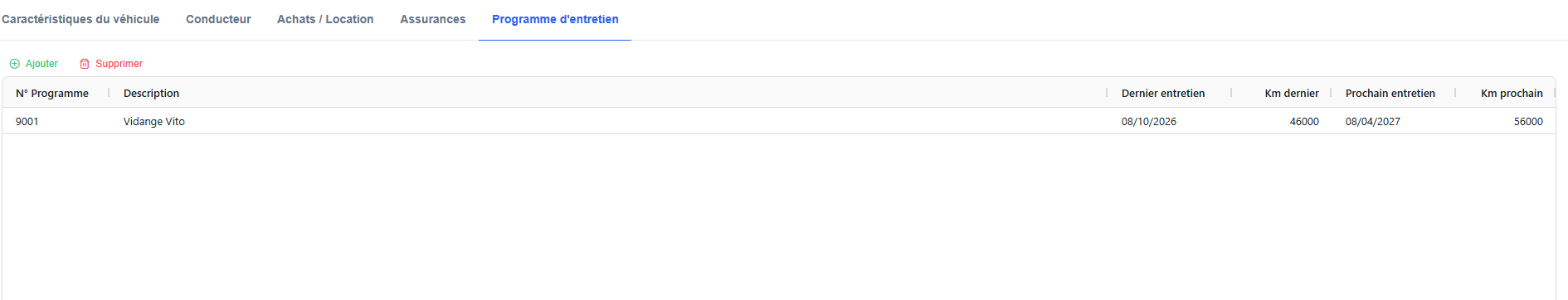 Onglet Programme d'entretien
