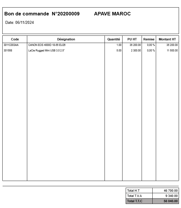 Aperçu impression bon de commande