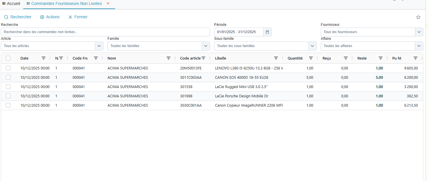 Journal commandes fournisseurs non livrées