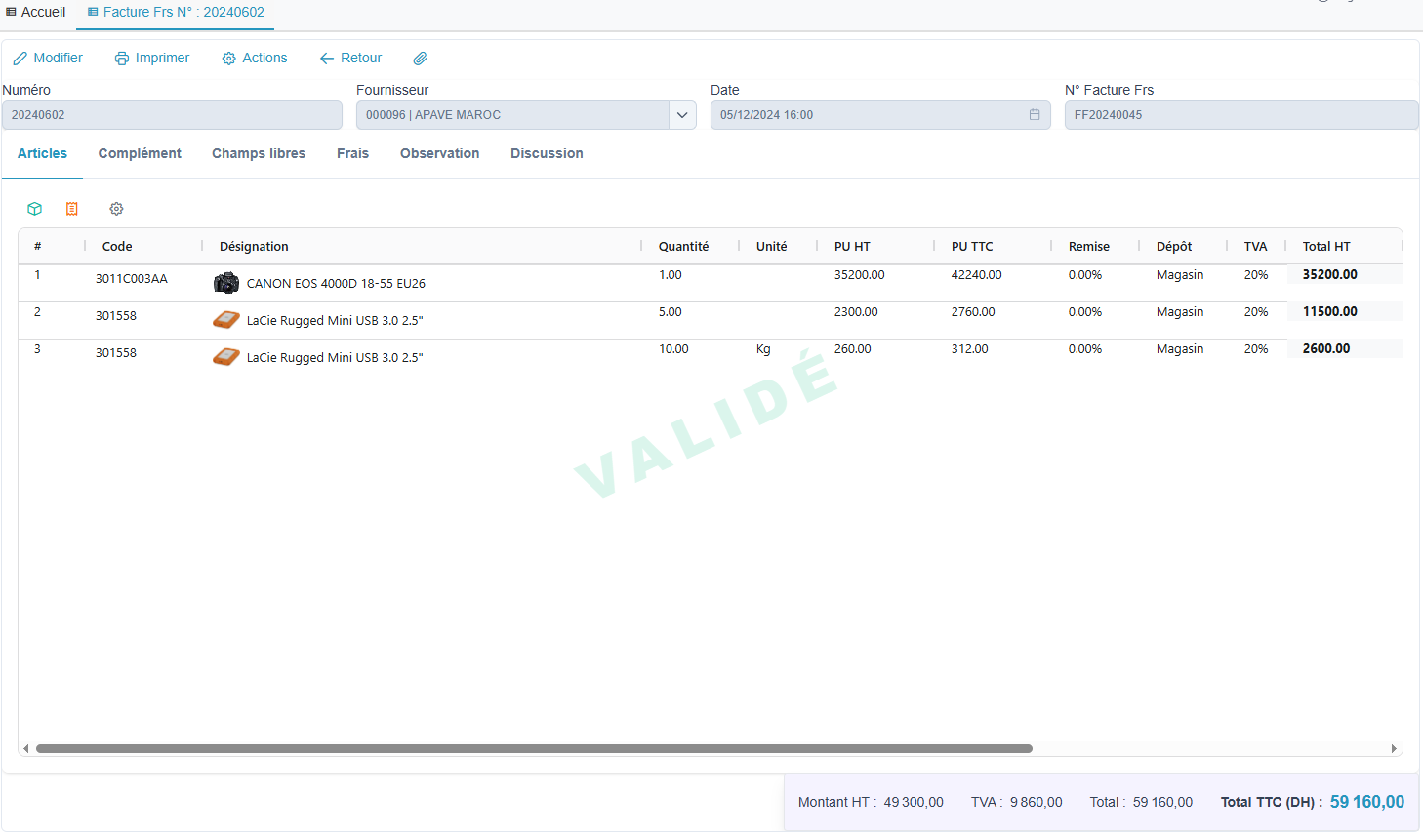 Fiche facture fournisseur