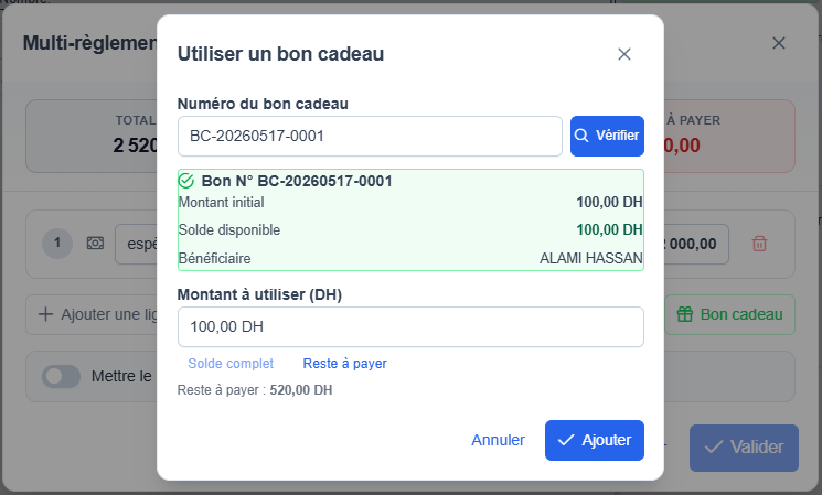 Saisie utilisation bon cadeau