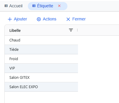 Liste des étiquettes