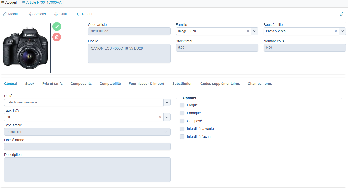 Fiche article - Onglet Général