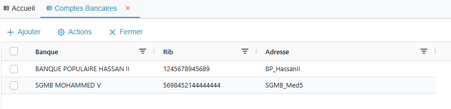 Liste des comptes bancaires