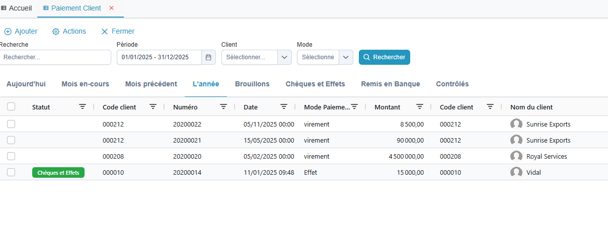 Liste des paiements clients
