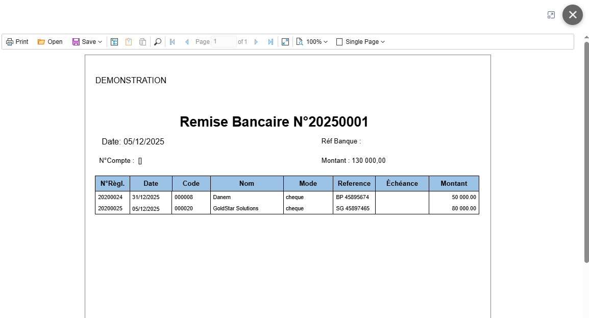 Impression remise bancaire