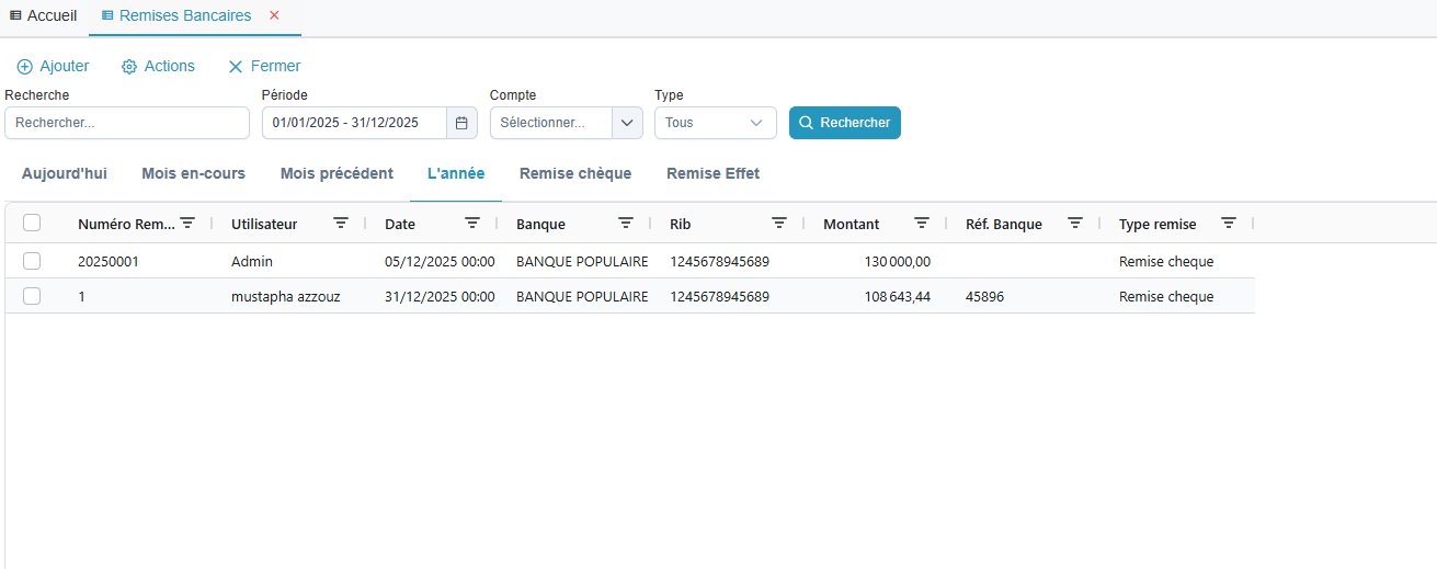 Liste des remises bancaires