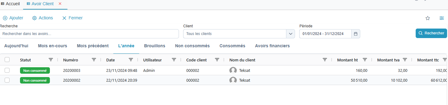 Fiche avoir client