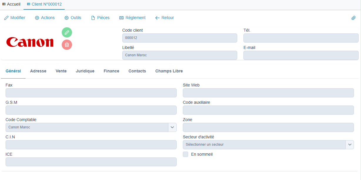 Fiche client - Onglet Général
