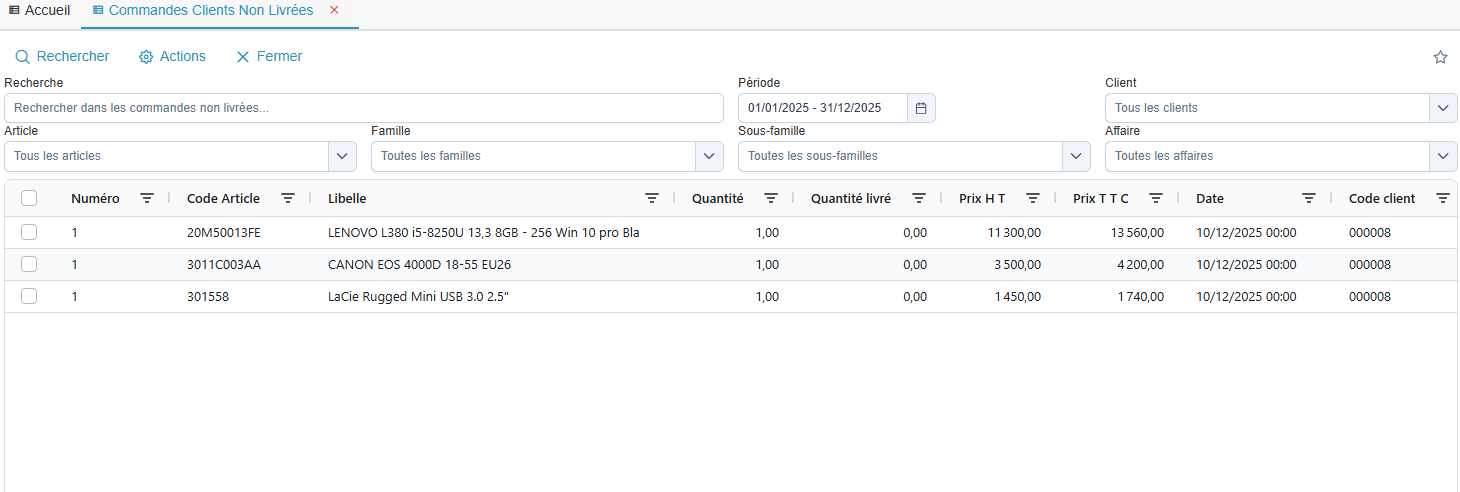 Journal commandes non livrées