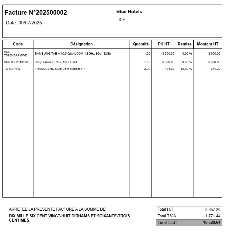 Aperçu impression facture