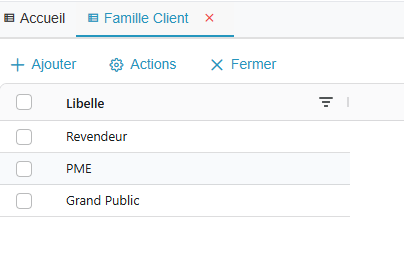 Liste des familles de clients